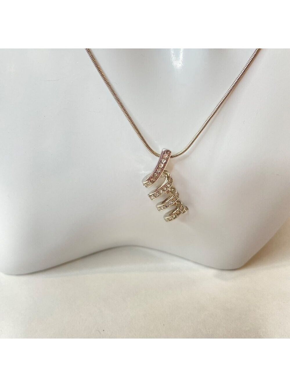 Vintage TerneSilver Spiral Pendant Necklace With Rhinestones On Adjustable Chain